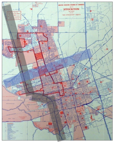 Figure 4: Stockton Chamber of Commerce. “Map of Stockton and vicinity : with the 'See Stockton' Drive.” Modesto, CA: Compass Maps, 1973. Note: Interstate 5 route highlighted in gray; “See Stockton” Chamber of Commerce Drive in red. 